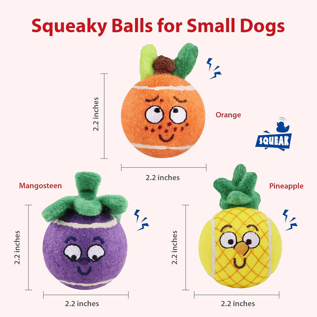 Squeaky Tennis Balls for Dogs, Interactive Dog Balls with Colorful Fruit Plush Cover, Pet Bounce Toy 2.2" for Small Dog Indoor &amp; Outdoor Fetch Play, 3-Pack