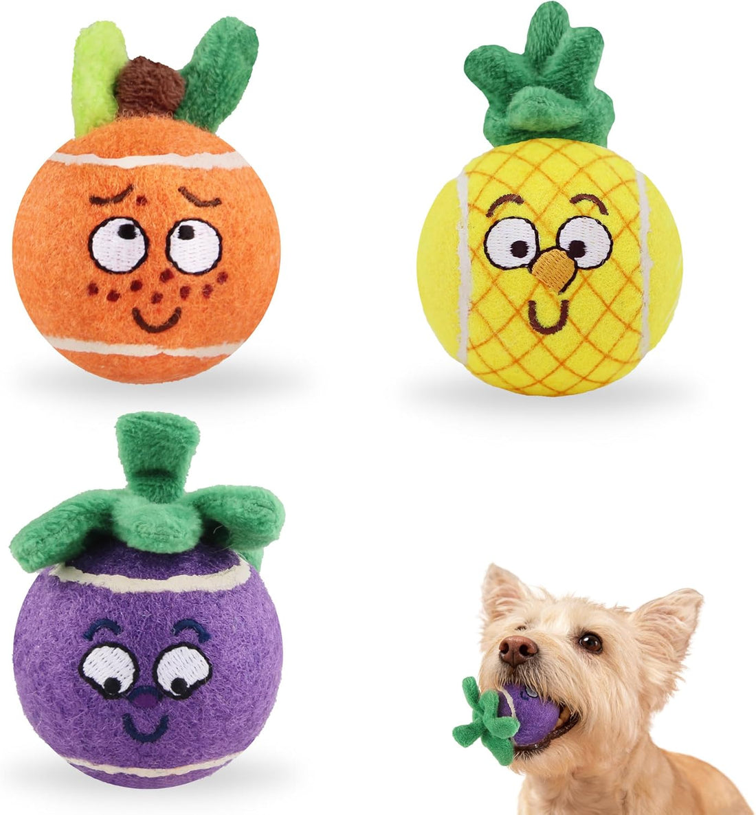 Squeaky Tennis Balls for Dogs, Interactive Dog Balls with Colorful Fruit Plush Cover, Pet Bounce Toy 2.2" for Small Dog Indoor &amp; Outdoor Fetch Play, 3-Pack
