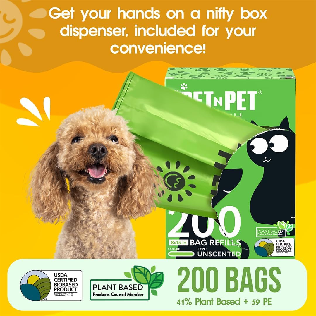 200 Counts Unscented Dog Poop Bags with Tie Handles, 41% Plant Based &amp; 59% PE Poop Bags for Dogs, Extra-Thick Doggie Poo Bag, Pet Waste Bag